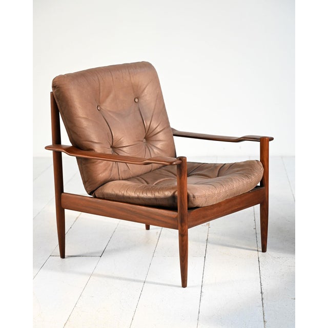 Scandinavian Leather Armchairs with Ottoman, 1960s, Set of 3 For Sale - Image 6 of 15