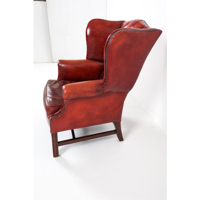 Metal 1970s Scandinavian Mid Century Chippendale-Style Cognac Leather Wingback Chair For Sale - Image 7 of 10