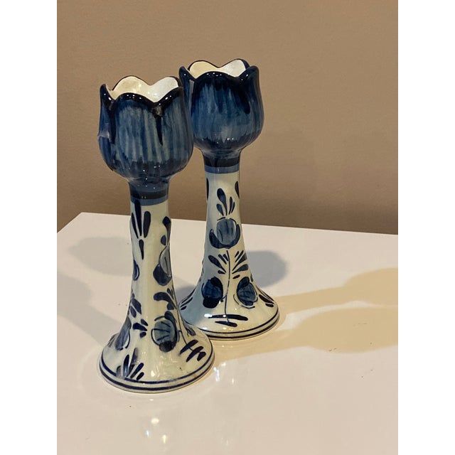 Vintage Blue and White Hand Painted Porcelain Candle Holders a Pair