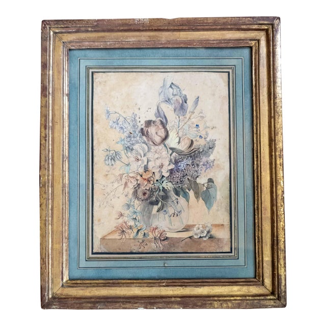 18th C. French or Dutch School Still Life Watercolor Painting of Floral Bouquet For Sale