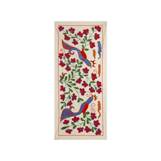Mid-Century Modern Floral Suzani Embroidery - Handmade Bird Table Runner and Wall Art 1'5'' X 3'1'' For Sale - Image 3 of 10