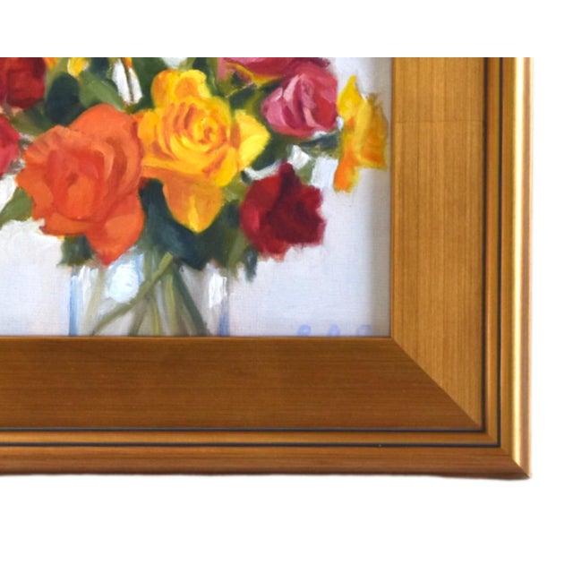 Impressionist colorful bouquet of roses oil painting on an artist's panel. Illegible signature lower right corner and...