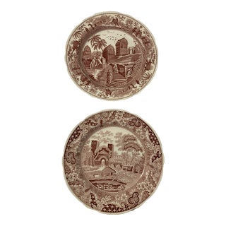 Spode Archive Collection Red Transferware Plates, Castle & Caramanian, Set of 2 For Sale