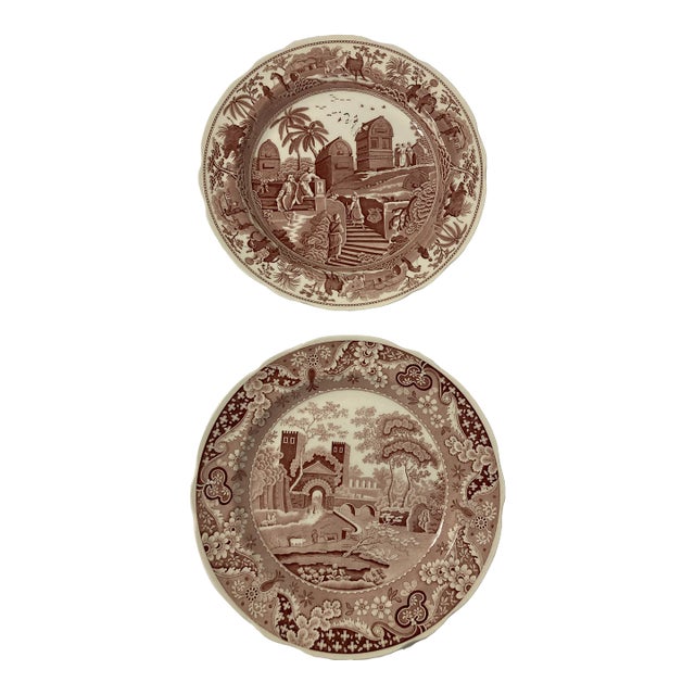 Spode Archive Collection Red Transferware Plates, Castle & Caramanian, Set of 2 For Sale