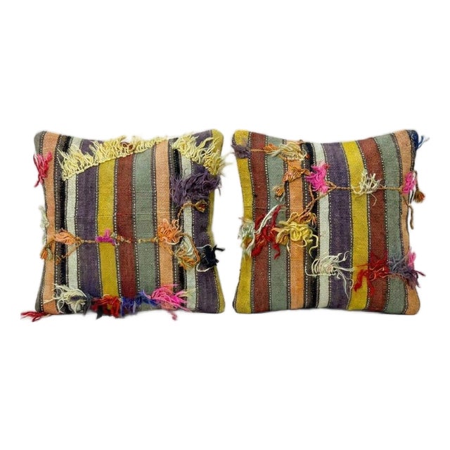 Handwoven Turkish Kilim Rug Pillow Cover 24'' X 24'' - Set of Two For Sale