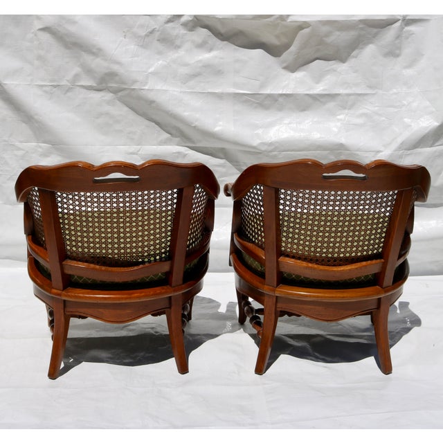 Mid 20th Century Carved French Country Cane Barrel Armchairs With Green Cushions-Set of 4 For Sale - Image 9 of 16