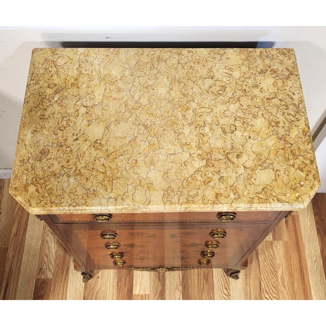 Pair Antique French Louis XV Style Inlaid & Sienna Marble Chest Commodes Signed For Sale - Image 12 of 18