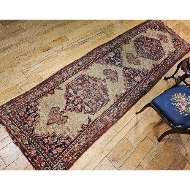 Persian Antique Persian Serab Runner Rug, Hand-Knotted Wool, Geometric Medallion Pattern, Camel & Red, 4x11 For Sale - Image 3 of 12