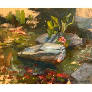 Koi Pond by Ryan Morse | Oil on panel depicting a serene pond with rocks and water lilies. For Sale