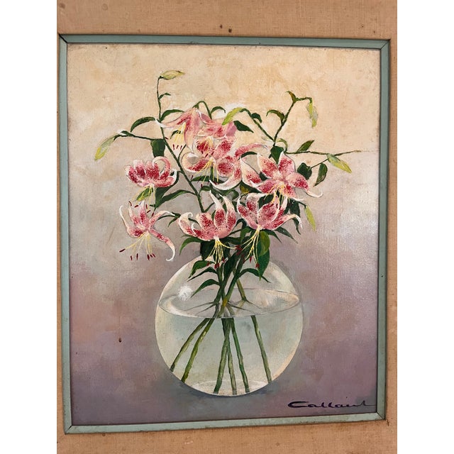 1970s Signed Mid-Century Modern Oil on Canvas Floral Still Life “Stargazer Lilies” by Callard, 30.5” X 26.5” For Sale - Image 4 of 6