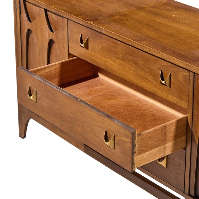 Brown Broyhill Brasilia Mid Century Walnut and Brass Credenza For Sale - Image 8 of 10