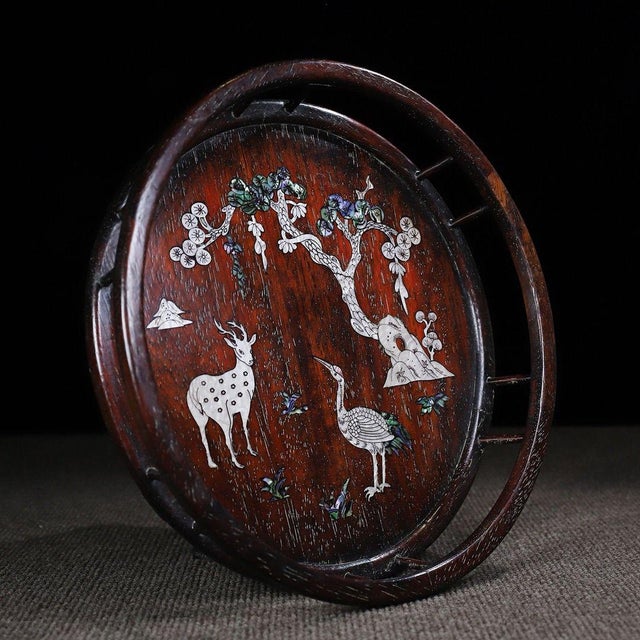 Chinese Zitan Wood Round Tray Inlaid With Mother-of-Pearl For Sale - Image 3 of 10