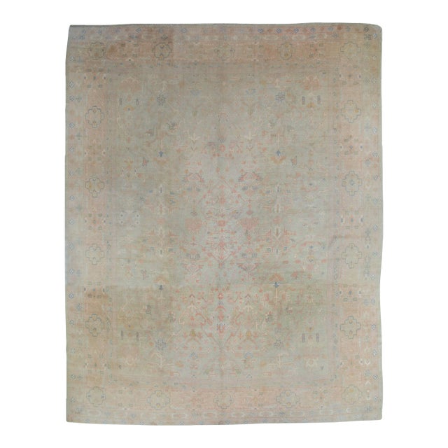 Antique Oushak Carpet, Oriental Rug, Handmade Pale Green, Soft Pink and Ivory For Sale