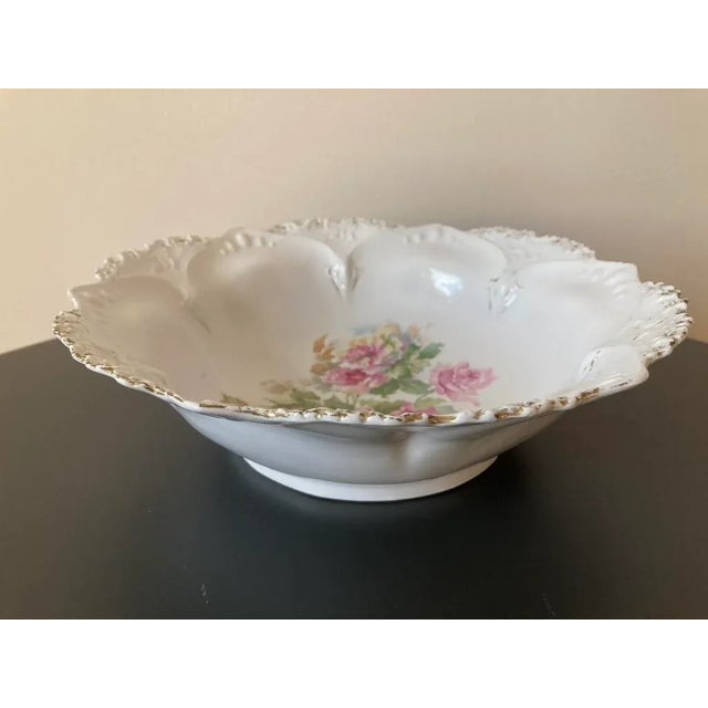 Victorian Early 20th Century German White and Pink Rose Porcelain Serving Bowl by Prussia- Large For Sale - Image 3 of 12