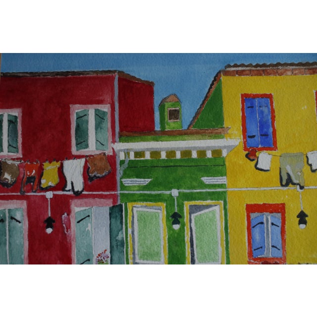 Paper Mid-Century Style Signed Framed Expressionist Watercolor - Burano Canal Houses For Sale - Image 7 of 16