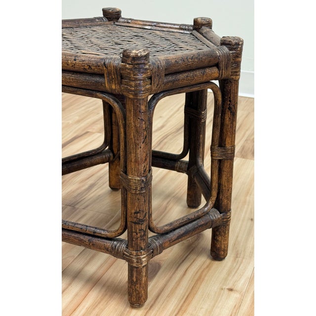 Brown Vintage Hexagonal Rattan and Woven Wicker Side Table For Sale - Image 8 of 8