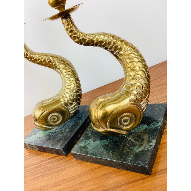 Vintage Antique Dolphin / Fish Brass & Marble Pair of Candle Holders For Sale In Las Vegas - Image 6 of 8