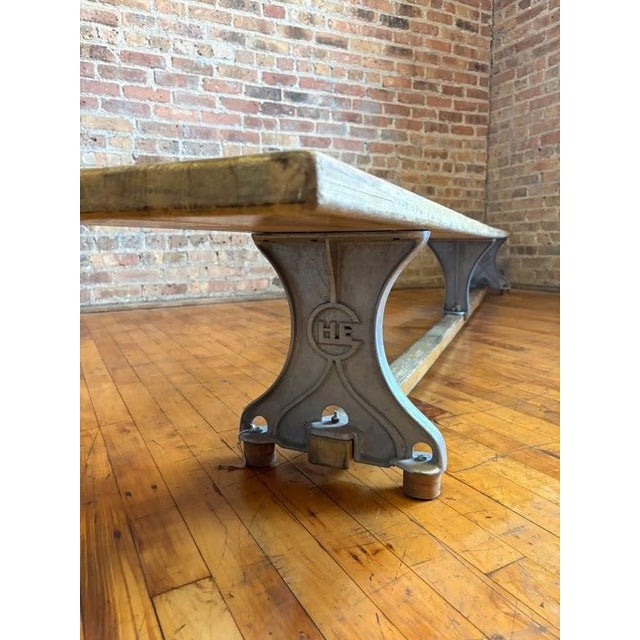 Rustic 10-Foot Antique Industrial Maple Butcher Block & Cast Iron Locker Room Bench For Sale - Image 3 of 16