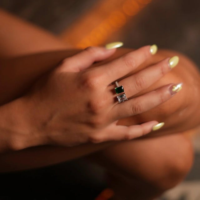Early 21st Century Emerald & Diamond Design Sterling Silver Statement Ring, Size 5 For Sale - Image 5 of 7