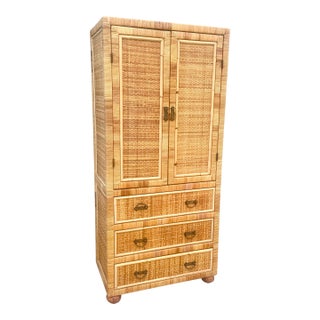 Boho Chic Wicker Wrapped Rattan Armoire For Sale
