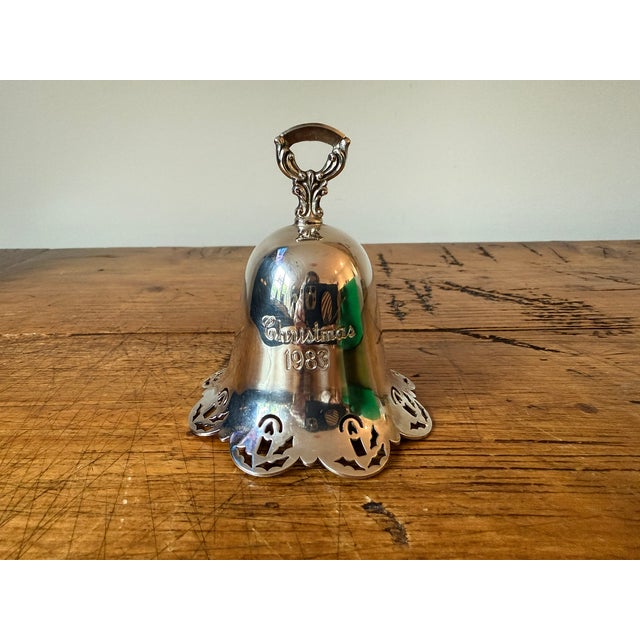 Vintage Towle Silverplated Pierced Christmas Bell Ornament, 1983. With original box, though box is damaged.