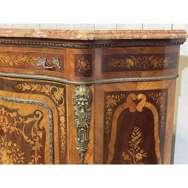 Marquetry sideboard in rosewood, beech and marble top in Napoleon III style from the 1970s. W=1m18, D=47cm, H=1m08.