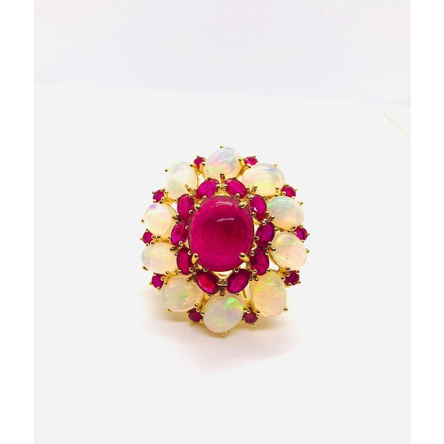 Art Deco Bochic “Capri” Vintage Natural Ruby & White Opal Retro Ring Set In 18K Gold & Silver For Sale - Image 3 of 10
