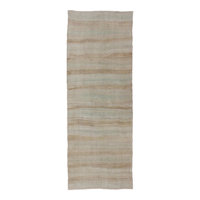 Striped Flat-Weave Vintage Turkish Kilim Wide Gallery Runner With Light Colors For Sale