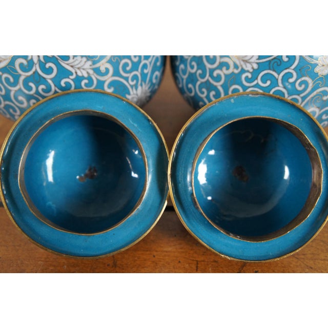 Turquoise Antique Turquoise Cloisonné Chrysanthemums Lidded Ginger Jar Vase Urn - a Pair For Sale - Image 8 of 12