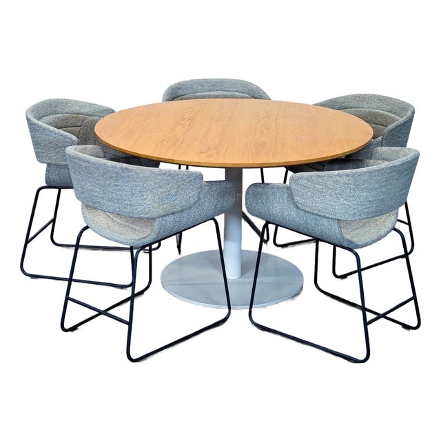 Blu Dot Modern Round Dining Set With 5 Racer Upholstered Chairs For Sale
