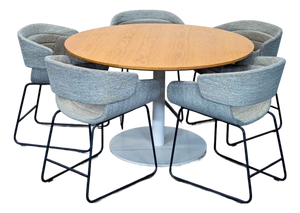 Blu Dot Modern Round Dining Set With 5 Racer Upholstered Chairs