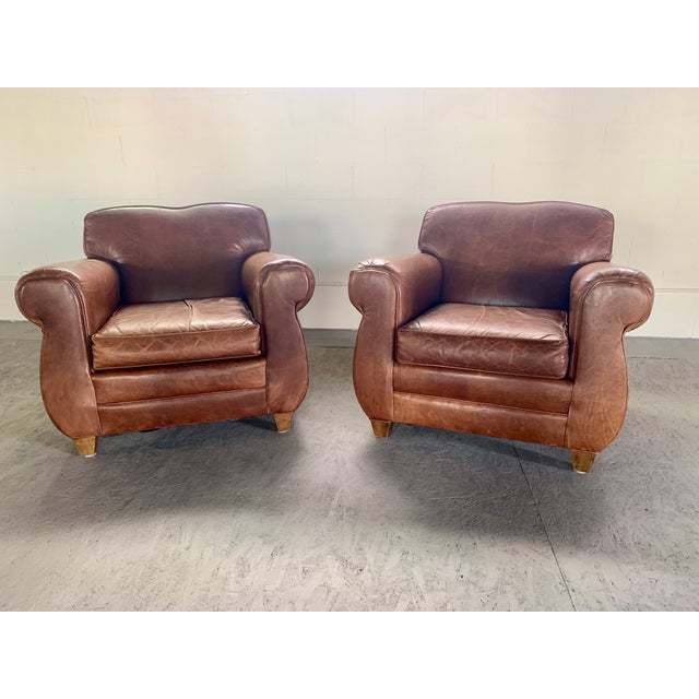 Pair of Leather Club Chairs, French Art Deco-Style, Classic Distressed Brown Leather, "Mustache" Back For Sale - Image 11 of 13
