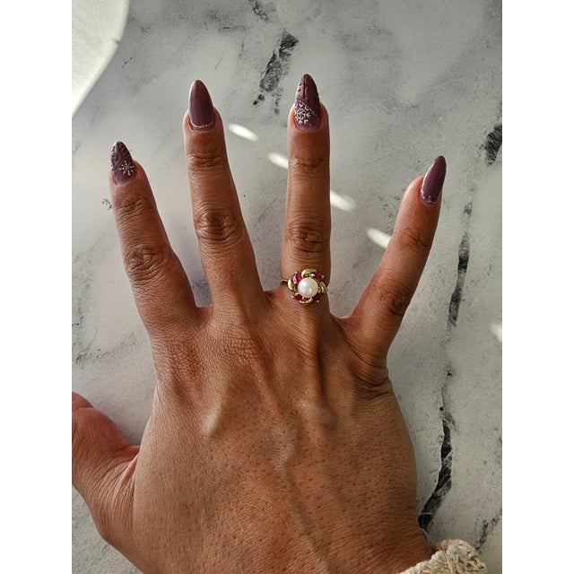 ♥ Ring Summary ♥ Main Stone: Pearl & Ruby Pearl Size: 7MM Stone Cut: Marquise Band Material: 14k Yellow Gold Weight: 3...