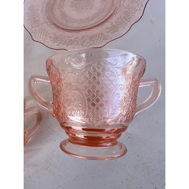 Glass 1930s Pink Depression Glass Normandie by Federal Glass Company Sugar & Creamer- 4 Pc For Sale - Image 7 of 8