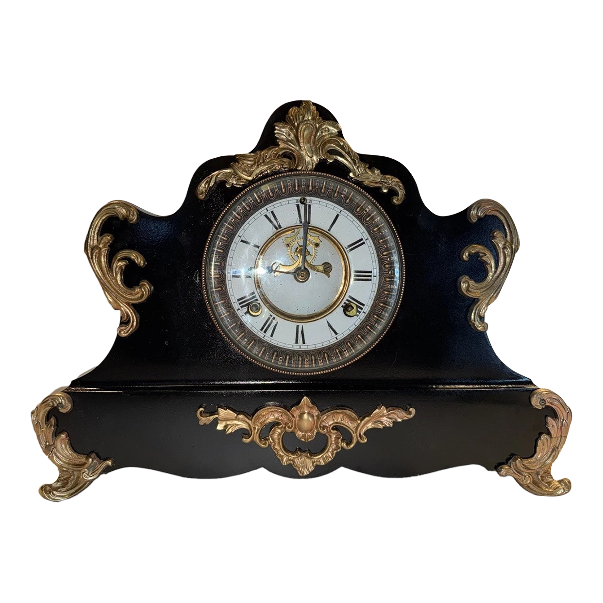Antique Waterbury Black Mantel Clock “Werra” Model With Open