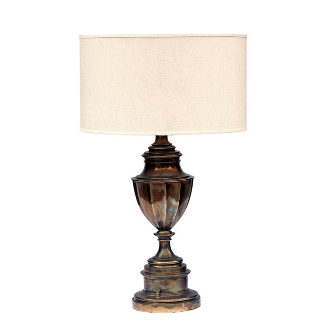 Metal Midcentury Neoclassical Solid Brass Stiffel Lamp With Rh Linen Barrell Shade For Sale - Image 7 of 7