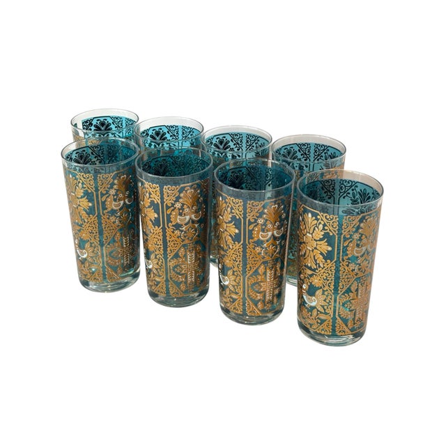 Set of eight midcentury modern tumbler glasses attributed to Georges Briard. Decorated in a bold gilt Scandinavian motif...
