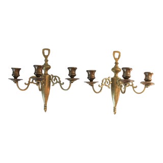 Pair of Vintage Brass Three Arm Candle Wall Sconces For Sale