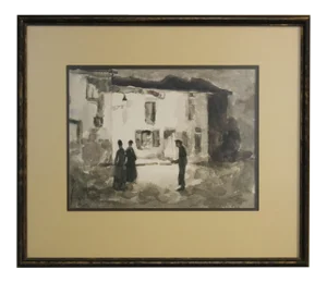 Monochromatic Street Scene with Women and a Beggar Framed Watercolor 1950s