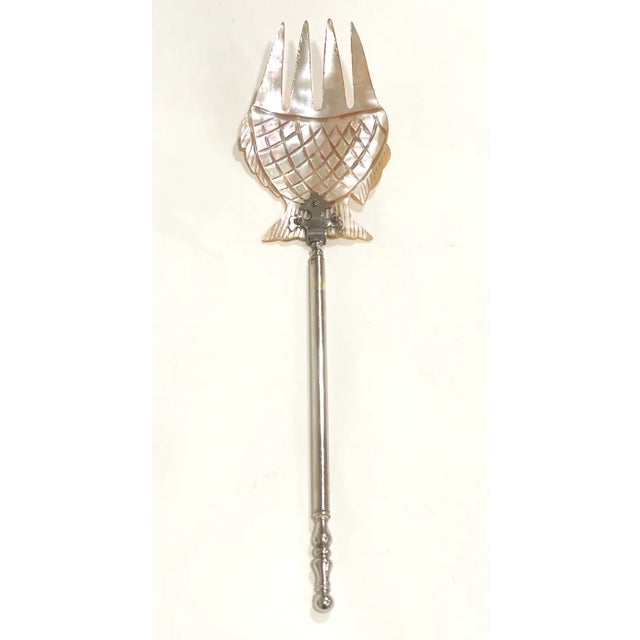 Antique/Vintage Mother-of-Pearl and Silver Caviar or Salad Serving Fork and Spoon For Sale - Image 9 of 12
