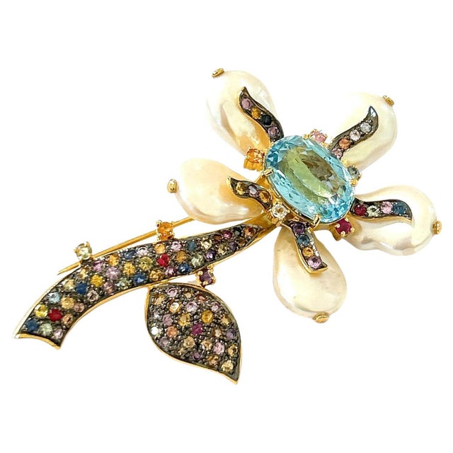 Bochic "Orient" Vintage Pearl, Multi Sapphire & Topaz Brooch 18K Gold & Silver For Sale - Image 17 of 18
