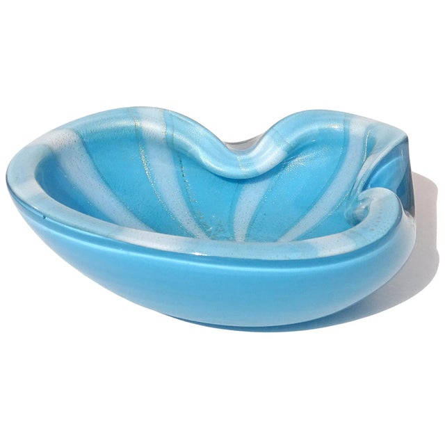 Mid-Century Modern Vintage Barbini Murano Blue White Stripes Gold Flecks Italian Art Glass Mid Century Ashtray Bowl Dish For Sale - Image 3 of 7