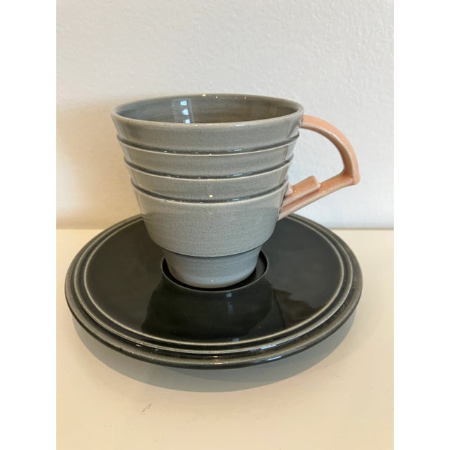 1980s Michael Lambert Rare 1984 Hand Signed Art Deco Inspired Cups and Saucer Set- 8 Pieces For Sale - Image 5 of 12