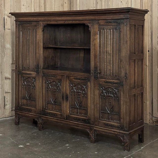 Gothic French Gothic Revival Carved Oak Cabinet Bookcase For Sale - Image 3 of 18