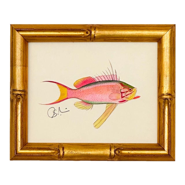 Original Miniature Hand-Painted Pink Fish Painting in Faux Bamboo Frame ...