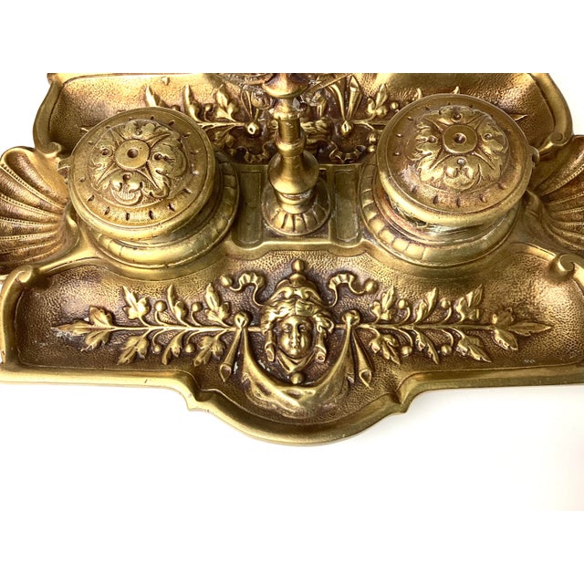 Antique Late 19th Century Victorian Brass Double Inkwell With Pen