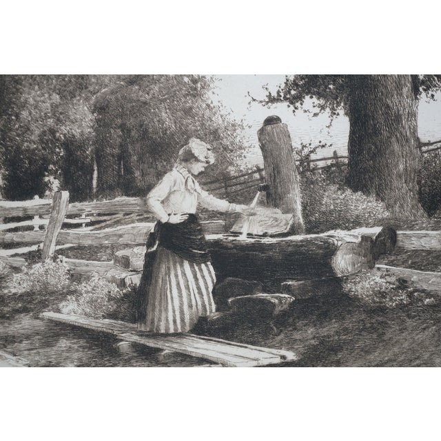 Antique Ernest C Rost Woman at Trough Panoramic Country Landscape Etching 22" For Sale - Image 11 of 11