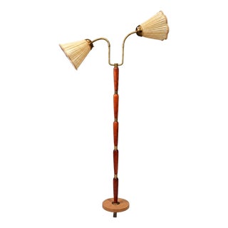 1950s Mid Century Modern, Double Light Floor Lamp, Wood, Brass, Fabric For Sale