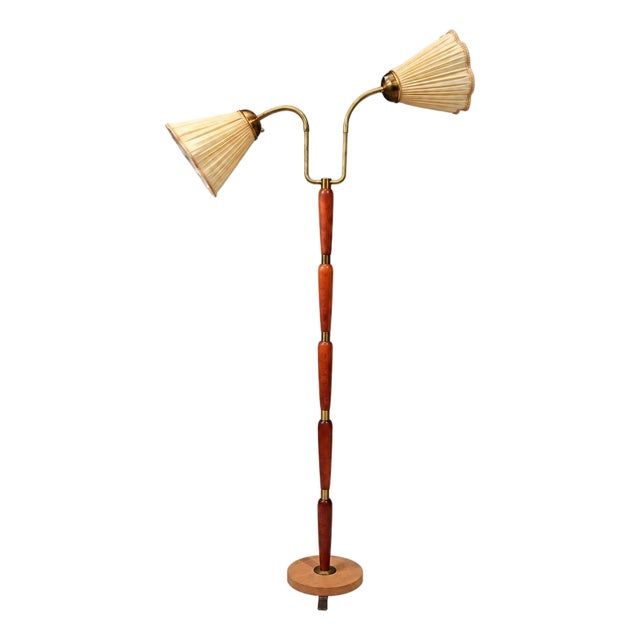 1950s Mid Century Modern, Double Light Floor Lamp, Wood, Brass, Fabric For Sale