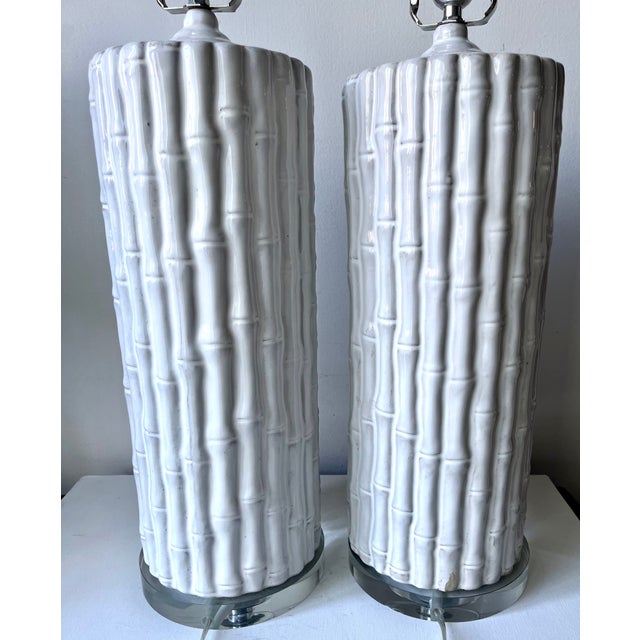 Ceramic 'Faux Bamboo' Lamps-Glass Bases-Pair For Sale - Image 4 of 9